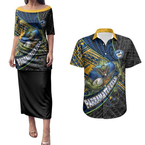 Parramatta Eels Rugby Couples Matching Puletasi and Hawaiian Shirt Tribal Polynesian Power Art - Lightning Mascot