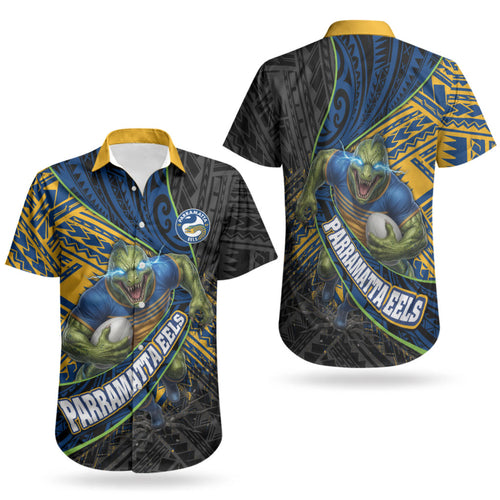 Parramatta Eels Rugby Couples Matching Puletasi and Hawaiian Shirt Tribal Polynesian Power Art - Lightning Mascot