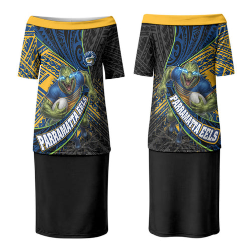 Parramatta Eels Rugby Couples Matching Puletasi and Hawaiian Shirt Tribal Polynesian Power Art - Lightning Mascot