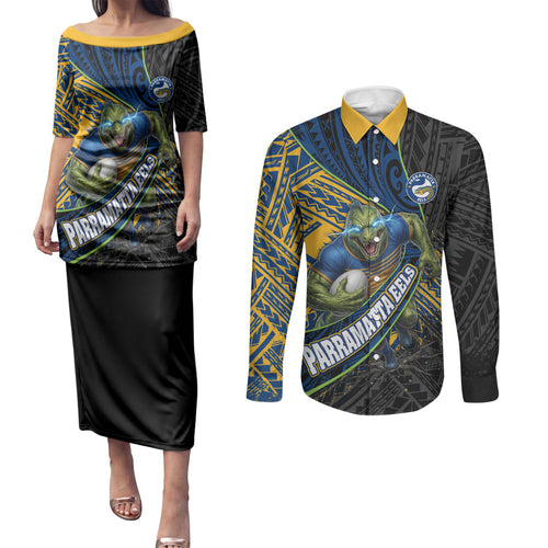 Parramatta Eels Rugby Couples Matching Puletasi and Long Sleeve Button Shirt Tribal Polynesian Power Art - Lightning Mascot