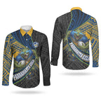 Parramatta Eels Rugby Couples Matching Puletasi and Long Sleeve Button Shirt Tribal Polynesian Power Art - Lightning Mascot