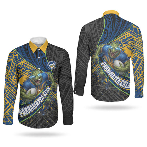 Parramatta Eels Rugby Couples Matching Puletasi and Long Sleeve Button Shirt Tribal Polynesian Power Art - Lightning Mascot