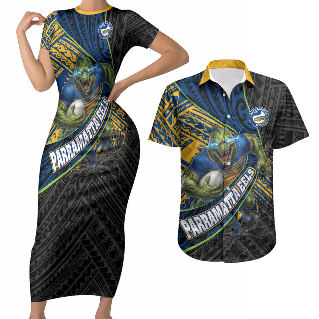 Parramatta Eels Rugby Couples Matching Short Sleeve Bodycon Dress and Hawaiian Shirt Tribal Polynesian Power Art - Lightning Mascot