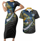 Parramatta Eels Rugby Couples Matching Short Sleeve Bodycon Dress and Hawaiian Shirt Tribal Polynesian Power Art - Lightning Mascot