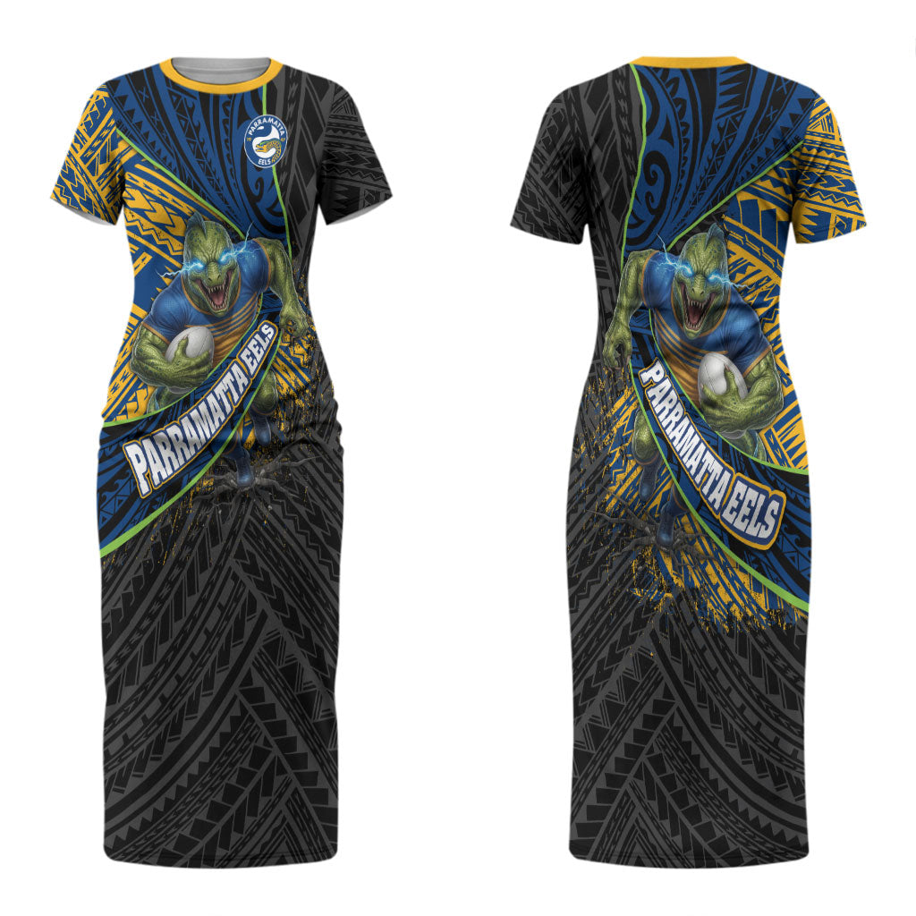 Parramatta Eels Rugby Couples Matching Short Sleeve Bodycon Dress and Hawaiian Shirt Tribal Polynesian Power Art - Lightning Mascot