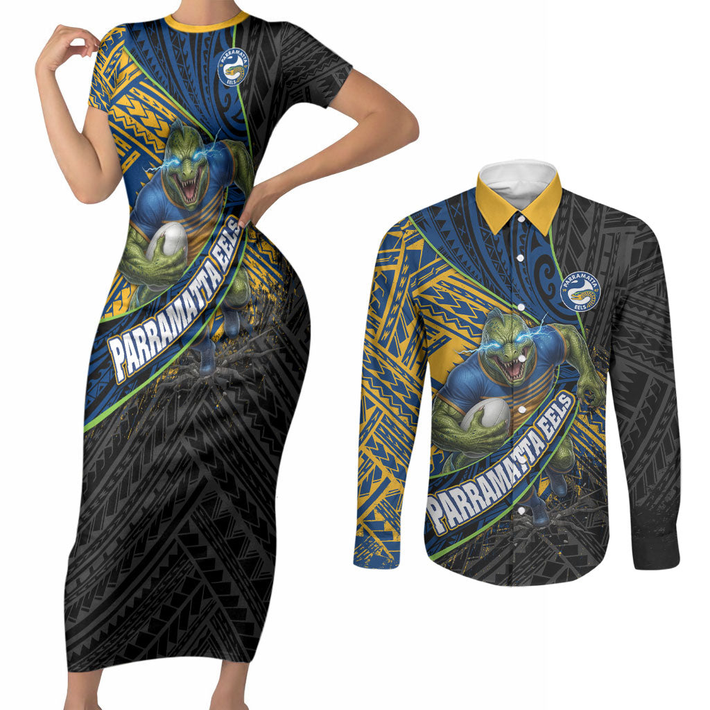 Parramatta Eels Rugby Couples Matching Short Sleeve Bodycon Dress and Long Sleeve Button Shirt Tribal Polynesian Power Art - Lightning Mascot