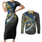 Parramatta Eels Rugby Couples Matching Short Sleeve Bodycon Dress and Long Sleeve Button Shirt Tribal Polynesian Power Art - Lightning Mascot