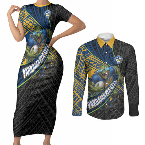 Parramatta Eels Rugby Couples Matching Short Sleeve Bodycon Dress and Long Sleeve Button Shirt Tribal Polynesian Power Art - Lightning Mascot