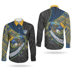 Parramatta Eels Rugby Couples Matching Short Sleeve Bodycon Dress and Long Sleeve Button Shirt Tribal Polynesian Power Art - Lightning Mascot