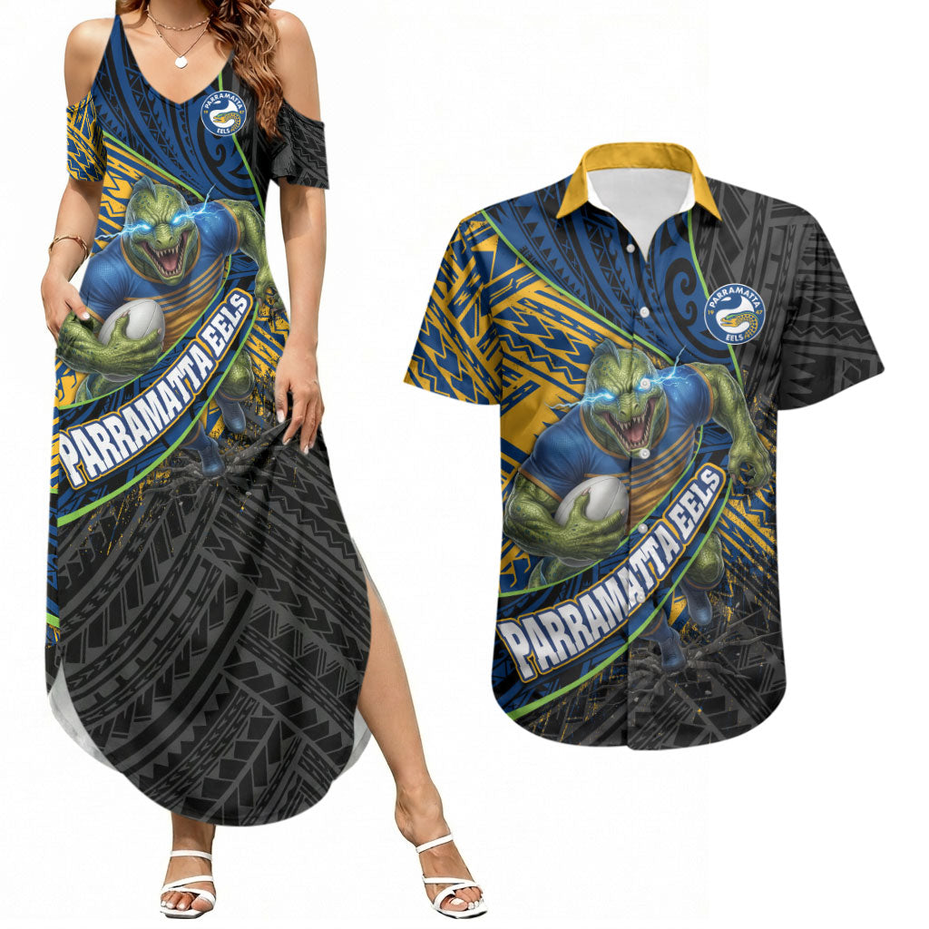 Parramatta Eels Rugby Couples Matching Summer Maxi Dress and Hawaiian Shirt Tribal Polynesian Power Art - Lightning Mascot