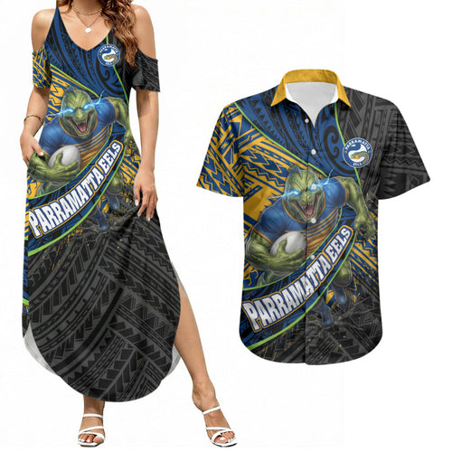 Parramatta Eels Rugby Couples Matching Summer Maxi Dress and Hawaiian Shirt Tribal Polynesian Power Art - Lightning Mascot