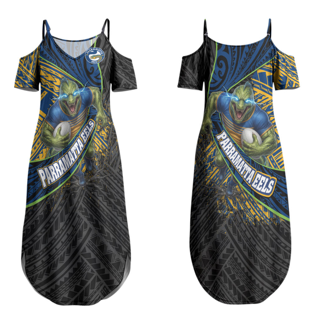 Parramatta Eels Rugby Couples Matching Summer Maxi Dress and Hawaiian Shirt Tribal Polynesian Power Art - Lightning Mascot