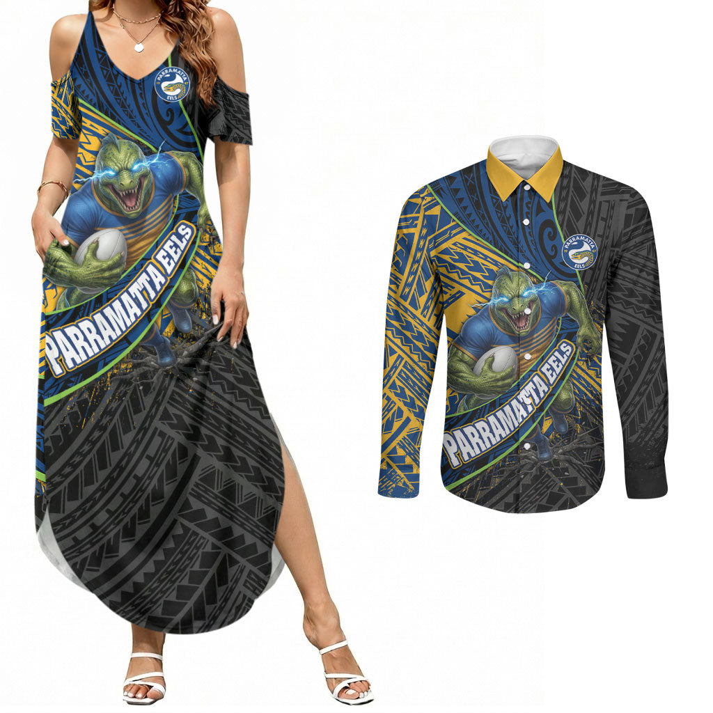 Parramatta Eels Rugby Couples Matching Summer Maxi Dress and Long Sleeve Button Shirt Tribal Polynesian Power Art - Lightning Mascot