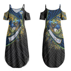 Parramatta Eels Rugby Couples Matching Summer Maxi Dress and Long Sleeve Button Shirt Tribal Polynesian Power Art - Lightning Mascot