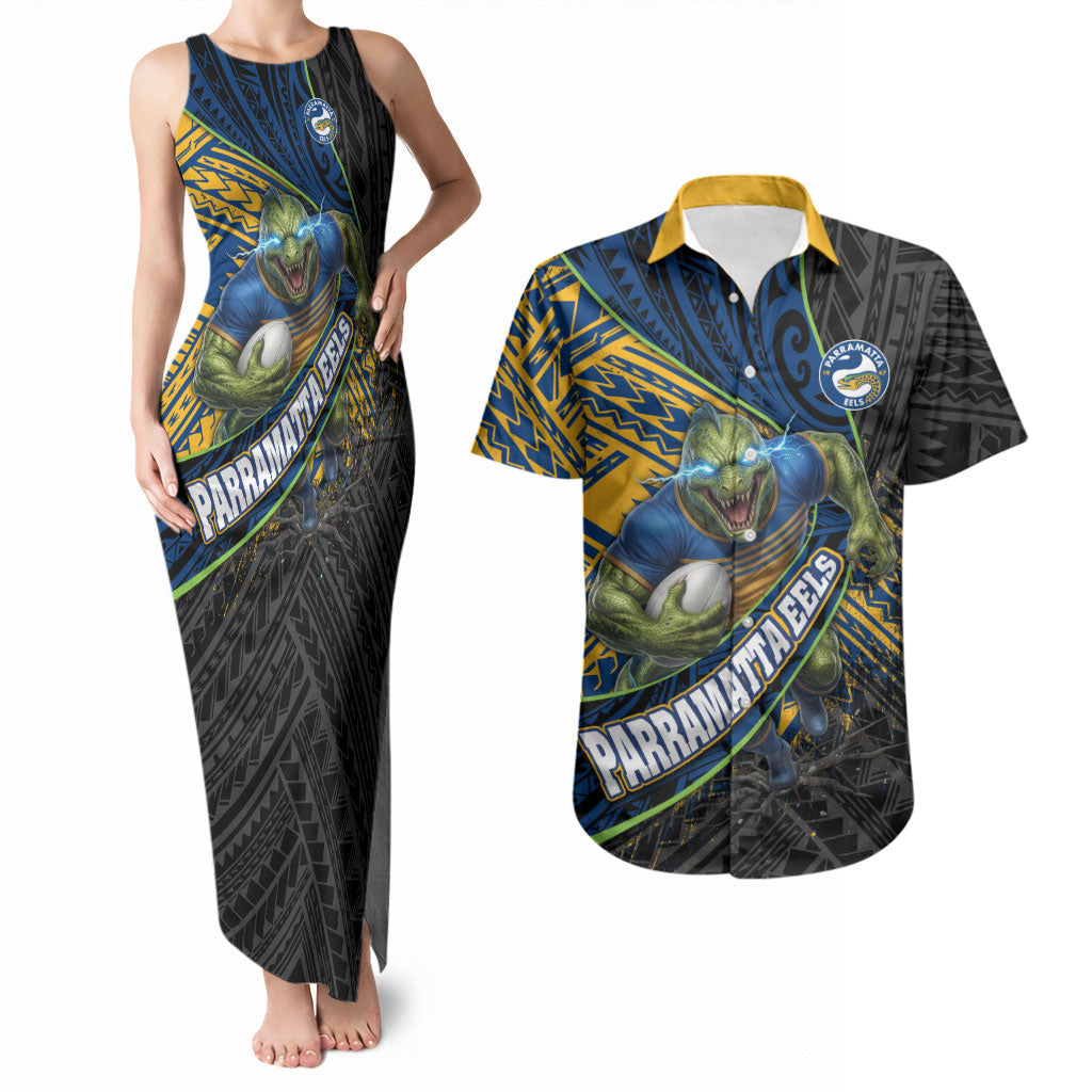 Parramatta Eels Rugby Couples Matching Tank Maxi Dress and Hawaiian Shirt Tribal Polynesian Power Art - Lightning Mascot