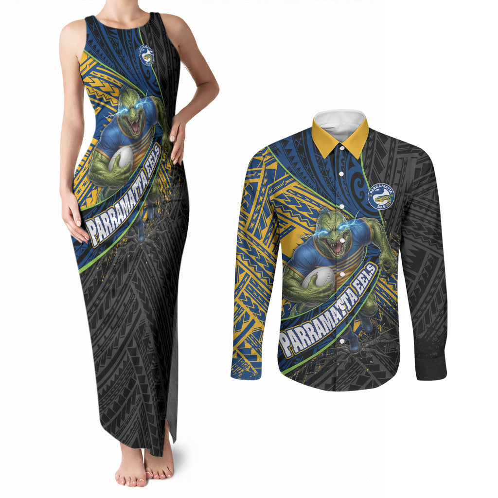 Parramatta Eels Rugby Couples Matching Tank Maxi Dress and Long Sleeve Button Shirt Tribal Polynesian Power Art - Lightning Mascot