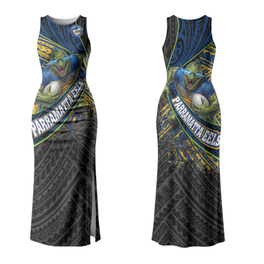 Parramatta Eels Rugby Couples Matching Tank Maxi Dress and Long Sleeve Button Shirt Tribal Polynesian Power Art - Lightning Mascot