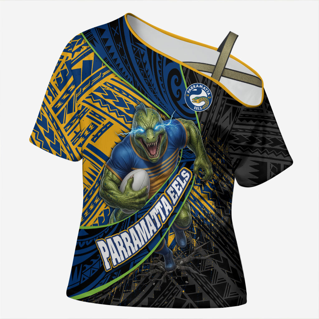 Parramatta Eels Rugby Cross Shoulder Shirt Tribal Polynesian Power Art - Lightning Mascot