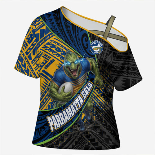 Parramatta Eels Rugby Cross Shoulder Shirt Tribal Polynesian Power Art - Lightning Mascot