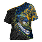 Parramatta Eels Rugby Cross Shoulder Shirt Tribal Polynesian Power Art - Lightning Mascot