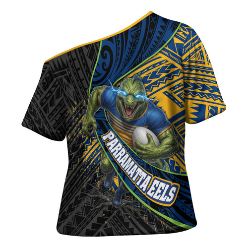 Parramatta Eels Rugby Cross Shoulder Shirt Tribal Polynesian Power Art - Lightning Mascot