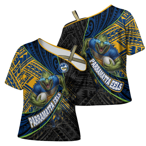 Parramatta Eels Rugby Cross Shoulder Shirt Tribal Polynesian Power Art - Lightning Mascot