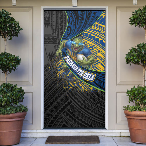 Parramatta Eels Rugby Door Cover Tribal Polynesian Power Art - Lightning Mascot