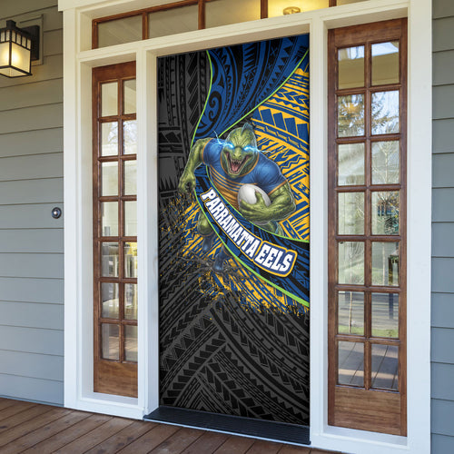 Parramatta Eels Rugby Door Cover Tribal Polynesian Power Art - Lightning Mascot