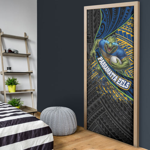 Parramatta Eels Rugby Door Cover Tribal Polynesian Power Art - Lightning Mascot