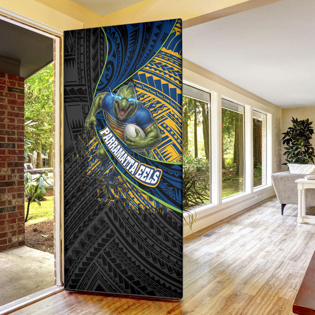 Parramatta Eels Rugby Door Cover Tribal Polynesian Power Art - Lightning Mascot