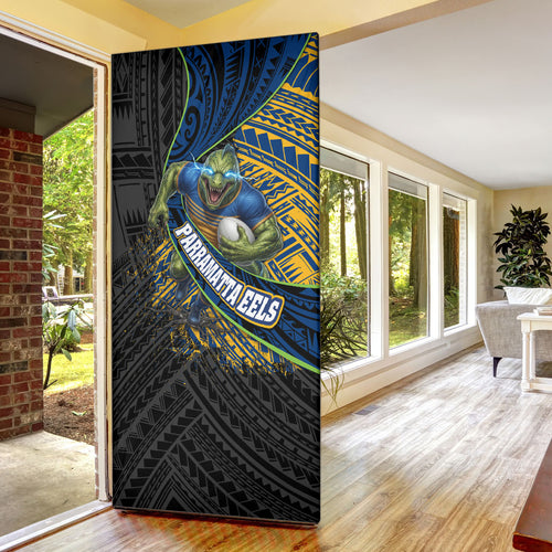 Parramatta Eels Rugby Door Cover Tribal Polynesian Power Art - Lightning Mascot