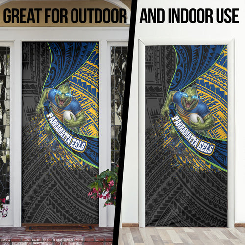 Parramatta Eels Rugby Door Cover Tribal Polynesian Power Art - Lightning Mascot