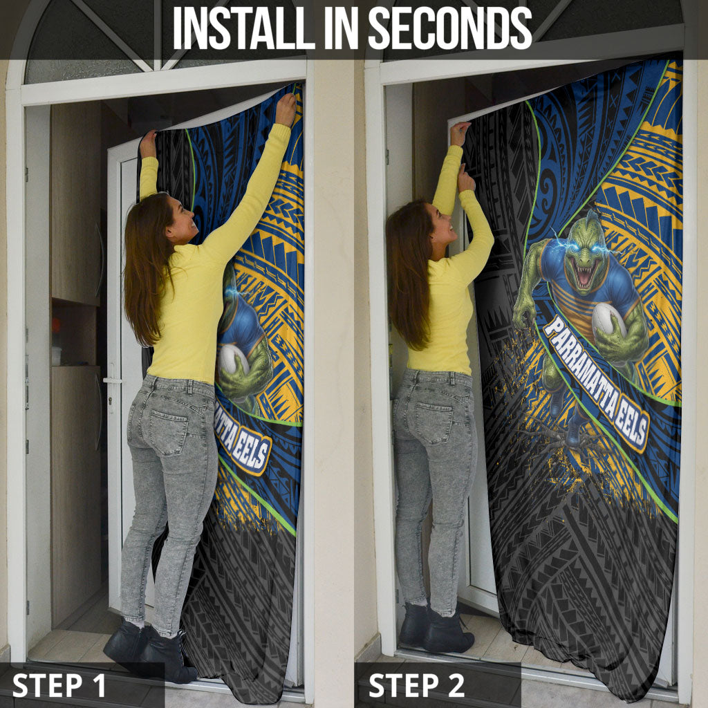 Parramatta Eels Rugby Door Cover Tribal Polynesian Power Art - Lightning Mascot
