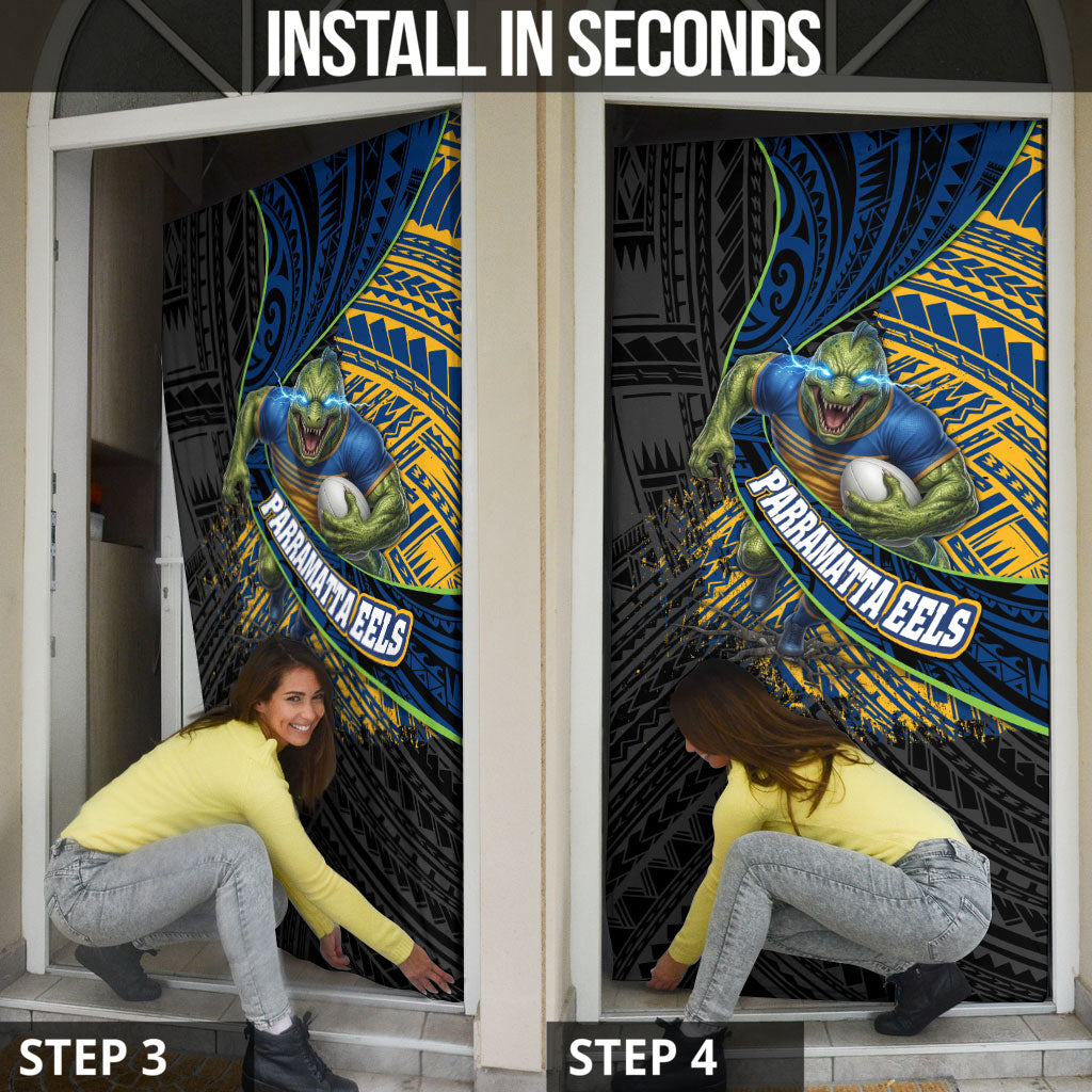 Parramatta Eels Rugby Door Cover Tribal Polynesian Power Art - Lightning Mascot