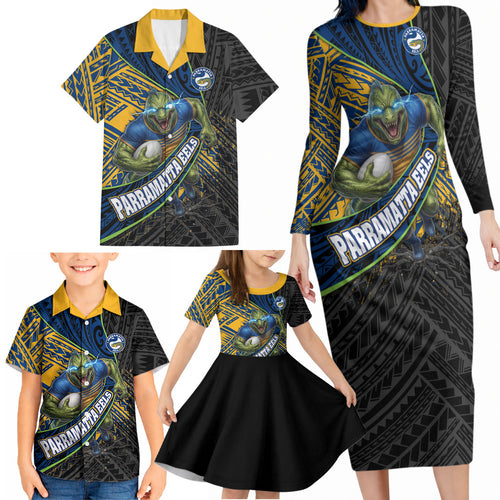 Parramatta Eels Rugby Family Matching Long Sleeve Bodycon Dress and Hawaiian Shirt Tribal Polynesian Power Art - Lightning Mascot