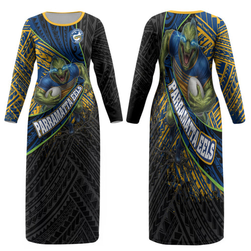 Parramatta Eels Rugby Family Matching Long Sleeve Bodycon Dress and Hawaiian Shirt Tribal Polynesian Power Art - Lightning Mascot