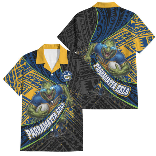 Parramatta Eels Rugby Family Matching Long Sleeve Bodycon Dress and Hawaiian Shirt Tribal Polynesian Power Art - Lightning Mascot