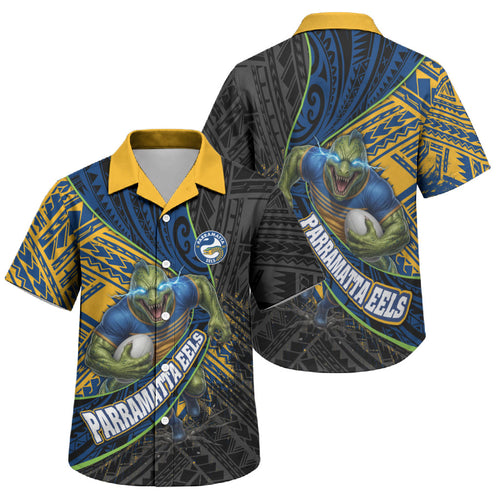 Parramatta Eels Rugby Family Matching Long Sleeve Bodycon Dress and Hawaiian Shirt Tribal Polynesian Power Art - Lightning Mascot