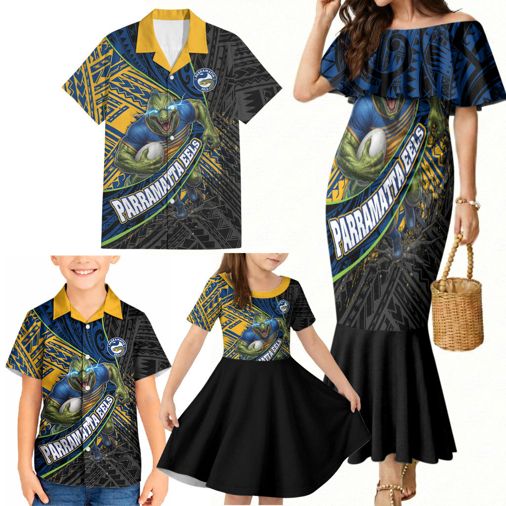 Parramatta Eels Rugby Family Matching Mermaid Dress and Hawaiian Shirt Tribal Polynesian Power Art - Lightning Mascot