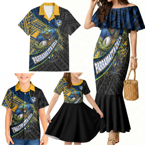 Parramatta Eels Rugby Family Matching Mermaid Dress and Hawaiian Shirt Tribal Polynesian Power Art - Lightning Mascot