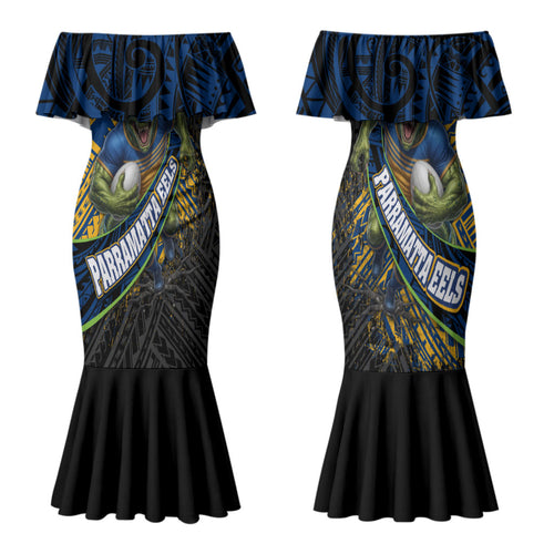 Parramatta Eels Rugby Family Matching Mermaid Dress and Hawaiian Shirt Tribal Polynesian Power Art - Lightning Mascot