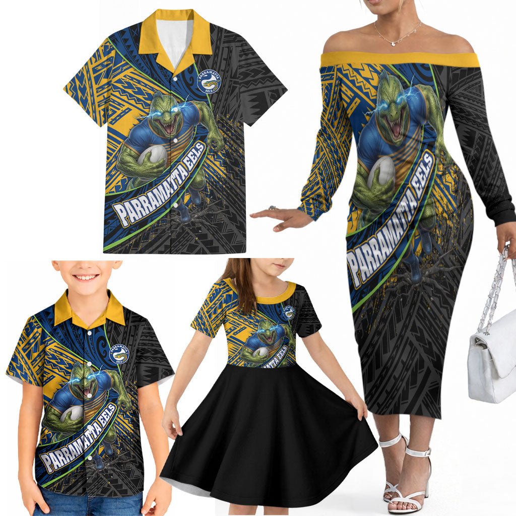 Parramatta Eels Rugby Family Matching Off The Shoulder Long Sleeve Dress and Hawaiian Shirt Tribal Polynesian Power Art - Lightning Mascot
