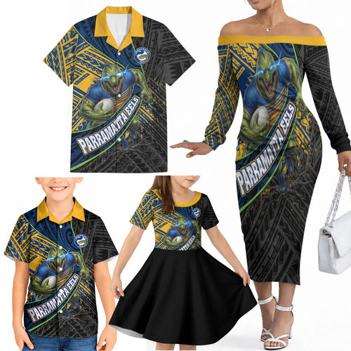 Parramatta Eels Rugby Family Matching Off The Shoulder Long Sleeve Dress and Hawaiian Shirt Tribal Polynesian Power Art - Lightning Mascot