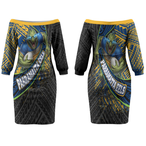Parramatta Eels Rugby Family Matching Off The Shoulder Long Sleeve Dress and Hawaiian Shirt Tribal Polynesian Power Art - Lightning Mascot