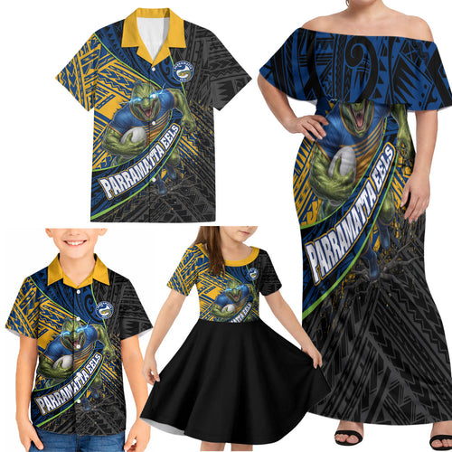 Parramatta Eels Rugby Family Matching Off Shoulder Maxi Dress and Hawaiian Shirt Tribal Polynesian Power Art - Lightning Mascot