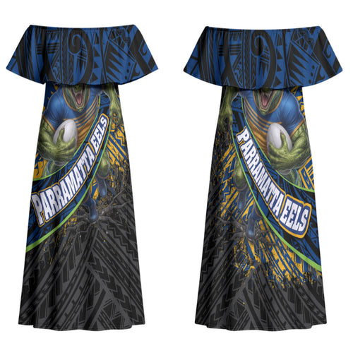Parramatta Eels Rugby Family Matching Off Shoulder Maxi Dress and Hawaiian Shirt Tribal Polynesian Power Art - Lightning Mascot