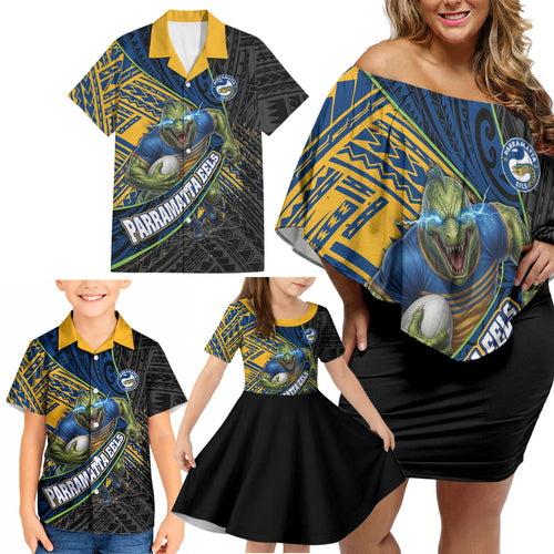Parramatta Eels Rugby Family Matching Off Shoulder Short Dress and Hawaiian Shirt Tribal Polynesian Power Art - Lightning Mascot