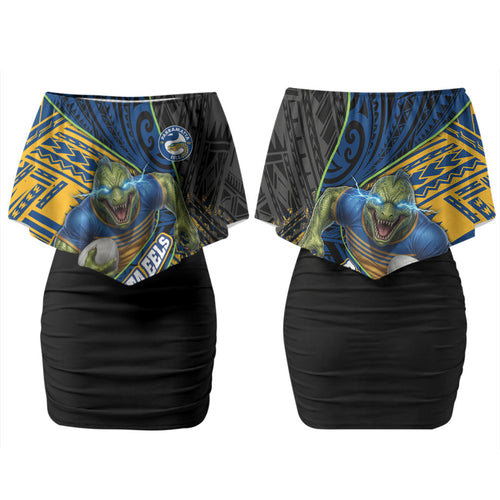 Parramatta Eels Rugby Family Matching Off Shoulder Short Dress and Hawaiian Shirt Tribal Polynesian Power Art - Lightning Mascot