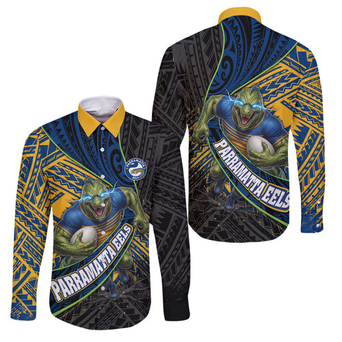 Parramatta Eels Rugby Family Matching Off Shoulder Short Dress and Hawaiian Shirt Tribal Polynesian Power Art - Lightning Mascot
