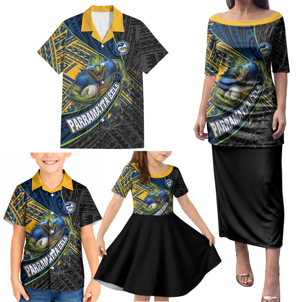 Parramatta Eels Rugby Family Matching Puletasi and Hawaiian Shirt Tribal Polynesian Power Art - Lightning Mascot